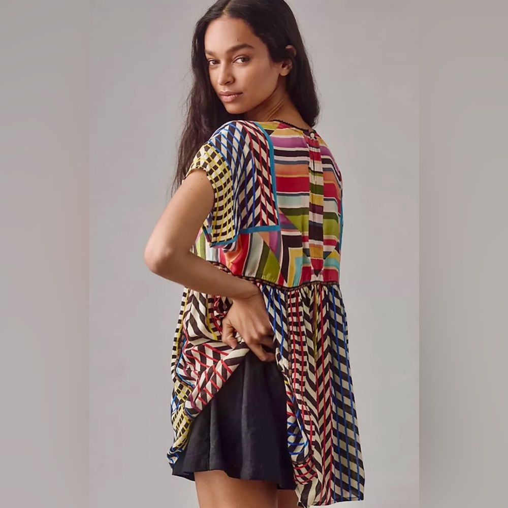Anthropologie Conditions Apply Multicolor Geometric Short-Sleeve Tunic Top